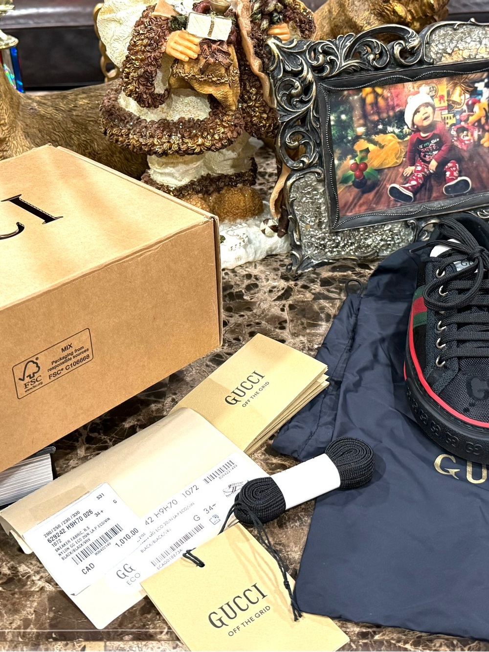 Gucci Off The Grid Tennis 1977 Black ECONYL Sneakers NIB Web Stripe 34.5 Wm/Kids - Picture 3 of 10